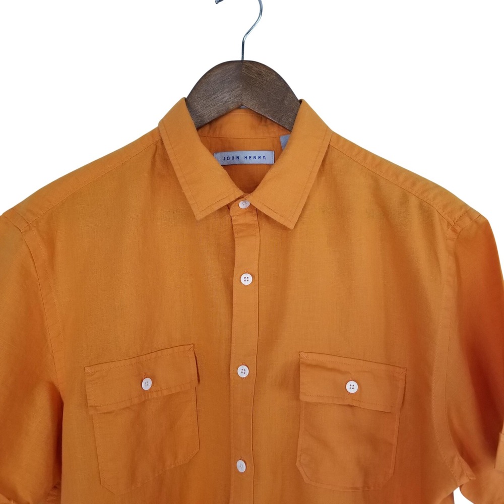 John Henry Mens Orange Linen Cotton Blend Short Sleeve Button Up Shirt Size M